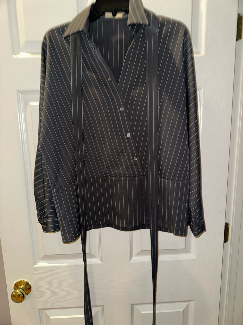 Black Pinstripe Wrap Blouse with Long Ties